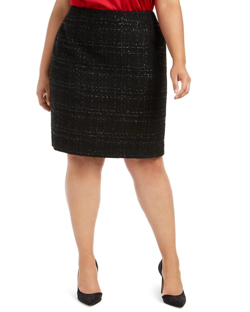 Front of a model wearing a size 18W Calvin Klein Women's Plus Size Tweed Pencil Skirt Black Size 18W in Black by Calvin Klein. | dia_product_style_image_id:310715
